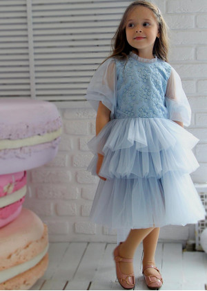 Long Sleeves Lace Tulle Cupcake Flower Girl Dress